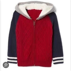 Baby Gap Full Zip Cable‎ Knit Hoodie Sz 2T Red Blue Gray Wool Blend Sweater New